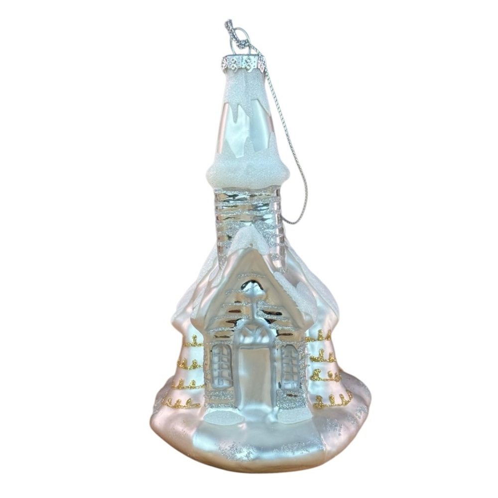 Glass Church Ornament with Glitter Accents Elegant Holiday Decor